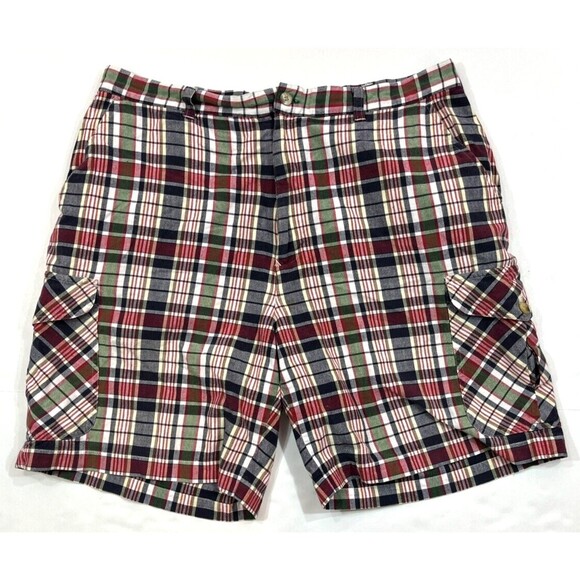 Vintage 90s Tommy Hilfiger Plaid Cargo 8" Shorts‎ 34 Waist Men's Red White Green - Picture 1 of 3